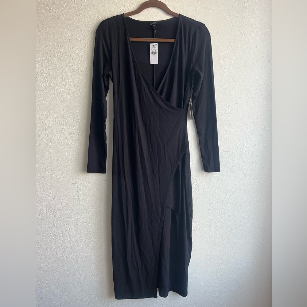 Express Black V Neck Long Sleeve Surplice Midi Dress
